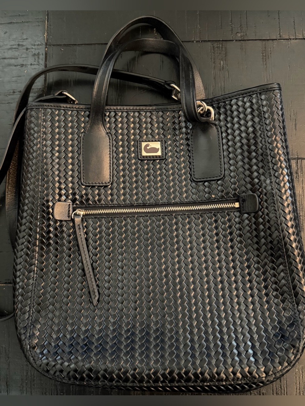 Dooney & Bourke Black Leather-Trim Striped Interior Tote